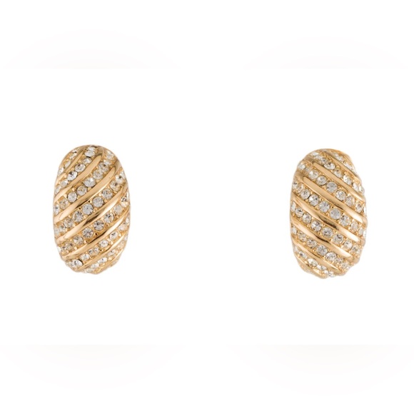 Vintage Christian Dior Diagonal Swirl Crystal Yellow Gold Plated Clip-On Signed - Picture 3 of 7